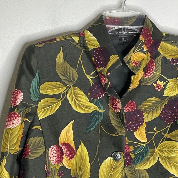 Linda Allard Ellen Tracy Green Silk Berry Print Button Up Blazer Size 10 - Picture 3 of 16